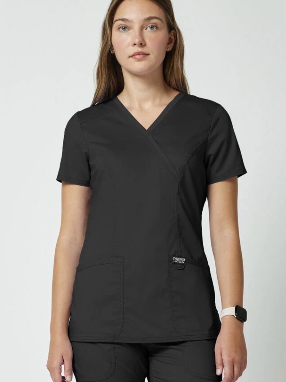 Cherokee Black V-Neck Mock Wrap V Neck Scrub Top